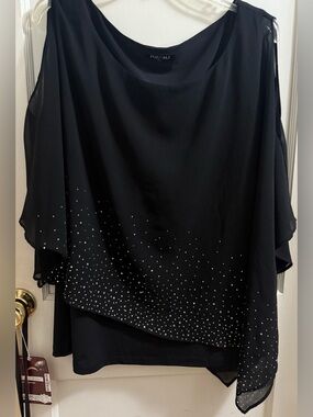 Roz & Ali Gorgeous Rhinestone Chiffon Overlay Top with Open Shoulders